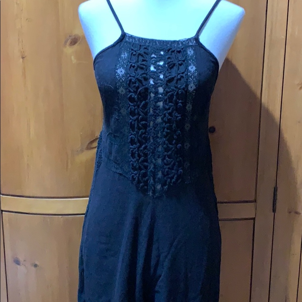 Free People black linen jumpsuit, crochet top, XS